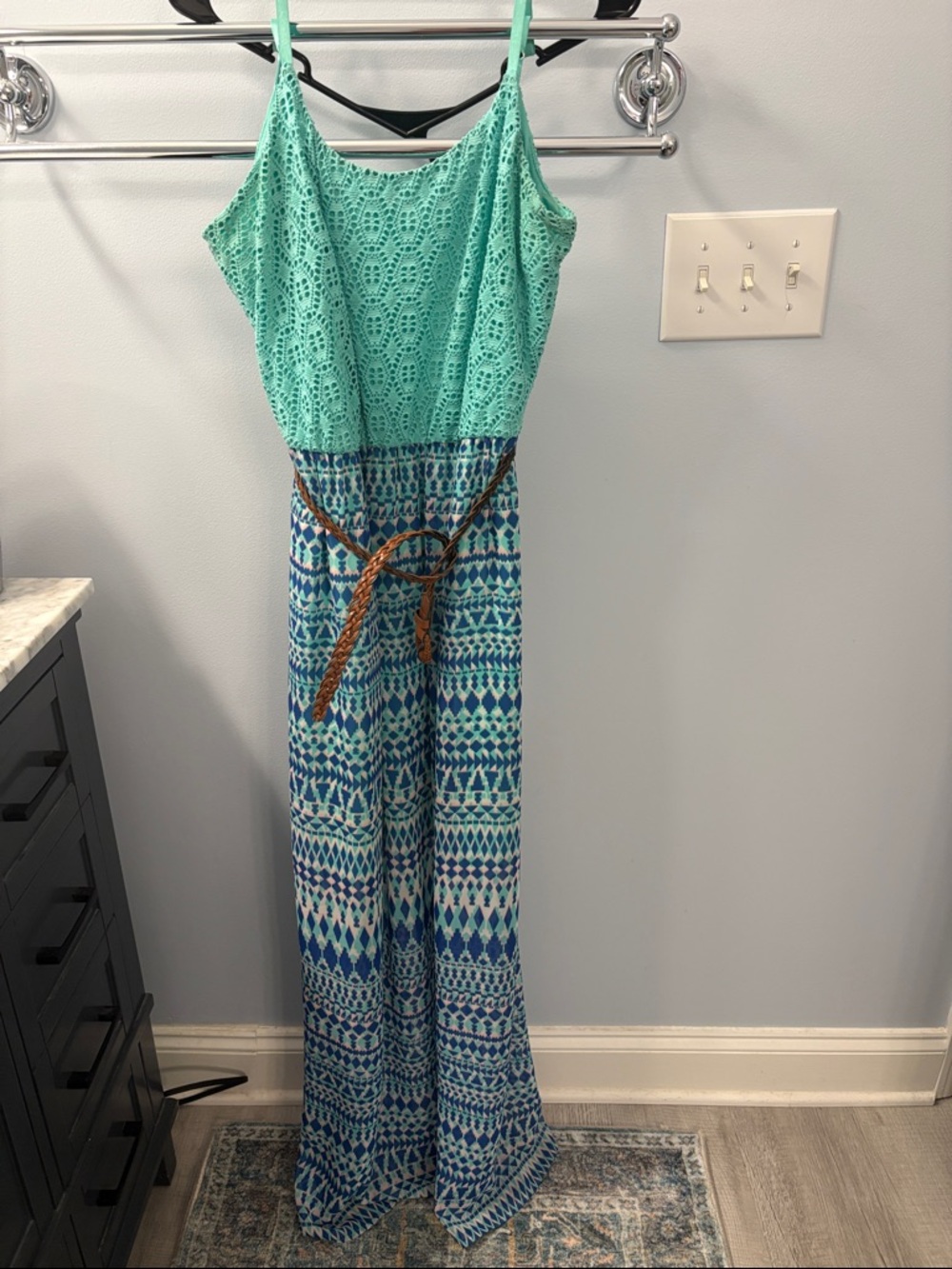 Maurices Mint Crochet-Top Blue Printed Dress - Medium